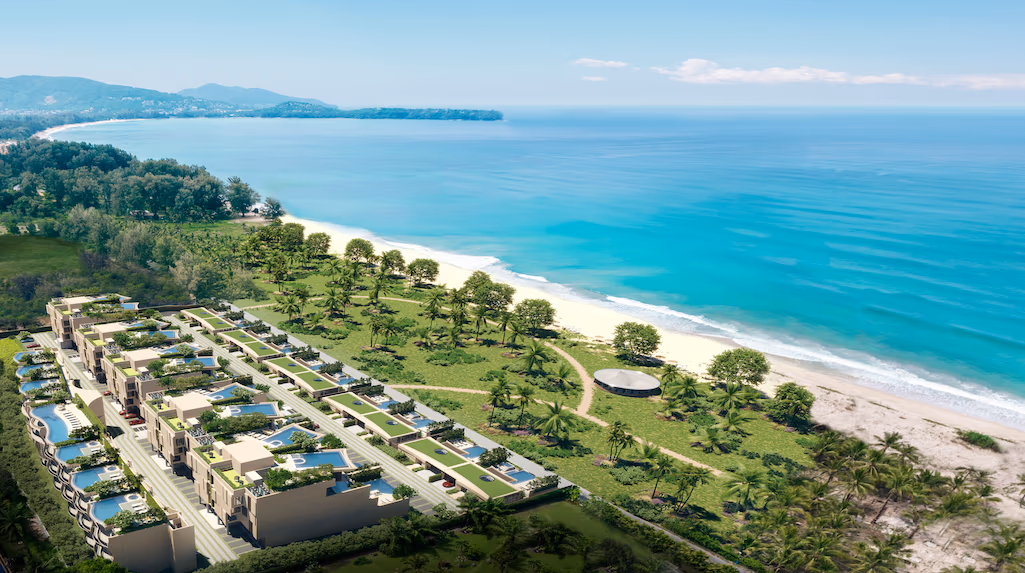 Aerial view of beachfront residences along Bang Tao beach