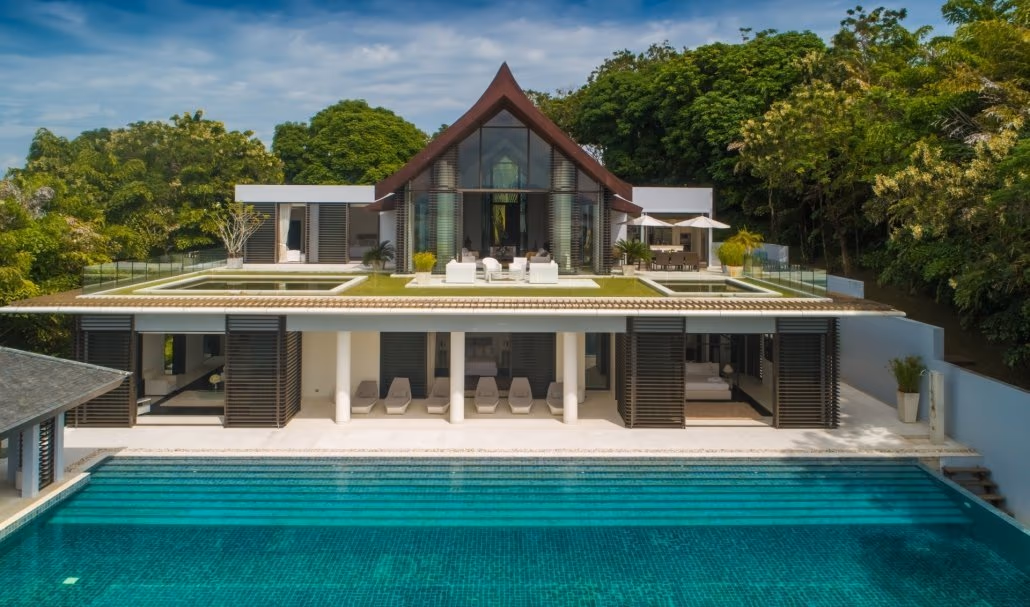 Front elevation of a beachfront villa and pool on Phuket's east coast