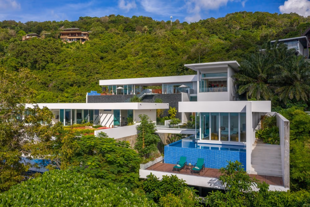 A four-bedroom villa in Kamala with panoramic ocean views from a terraced infinity pool.