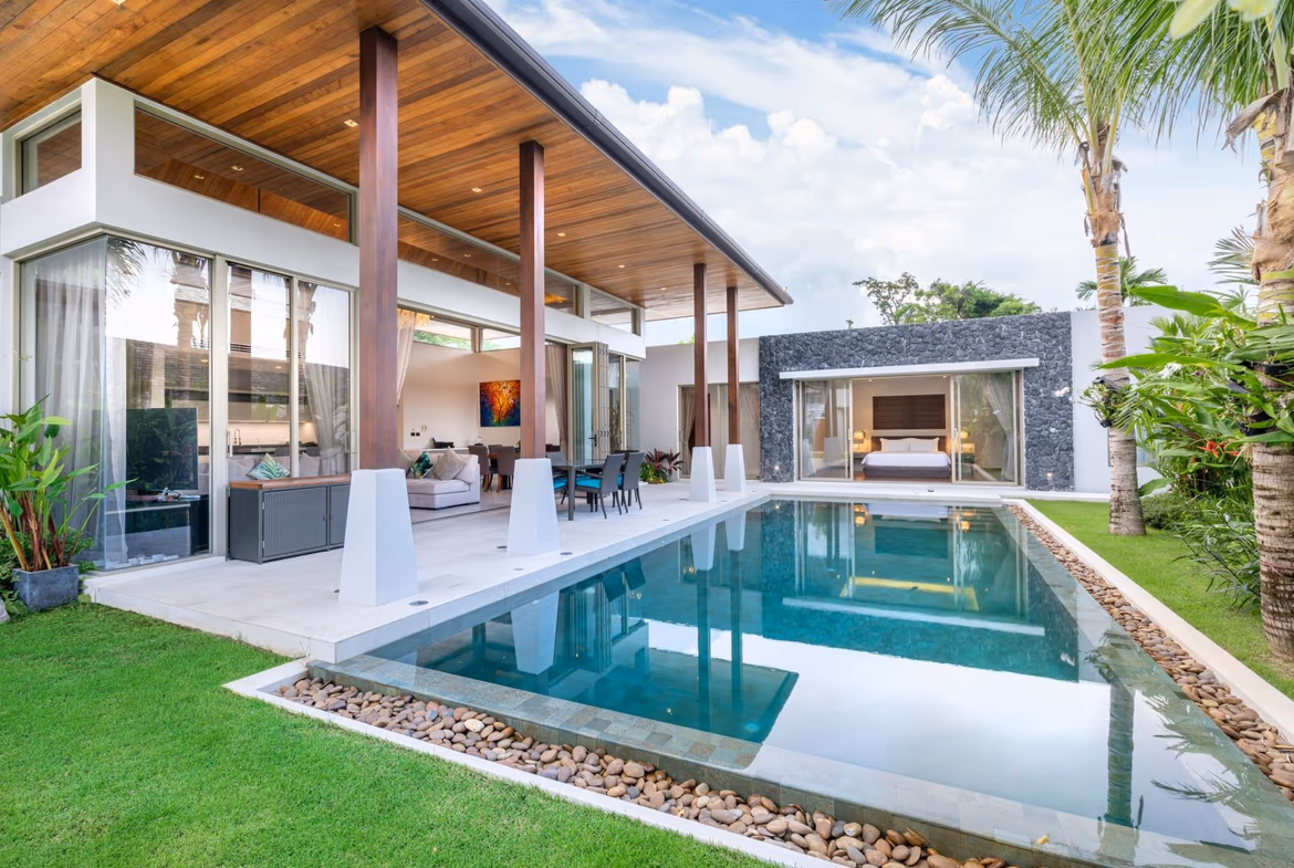 A three-bedroom villa in Layan featuring a private swimming pool and a tranquil lakeside setting.