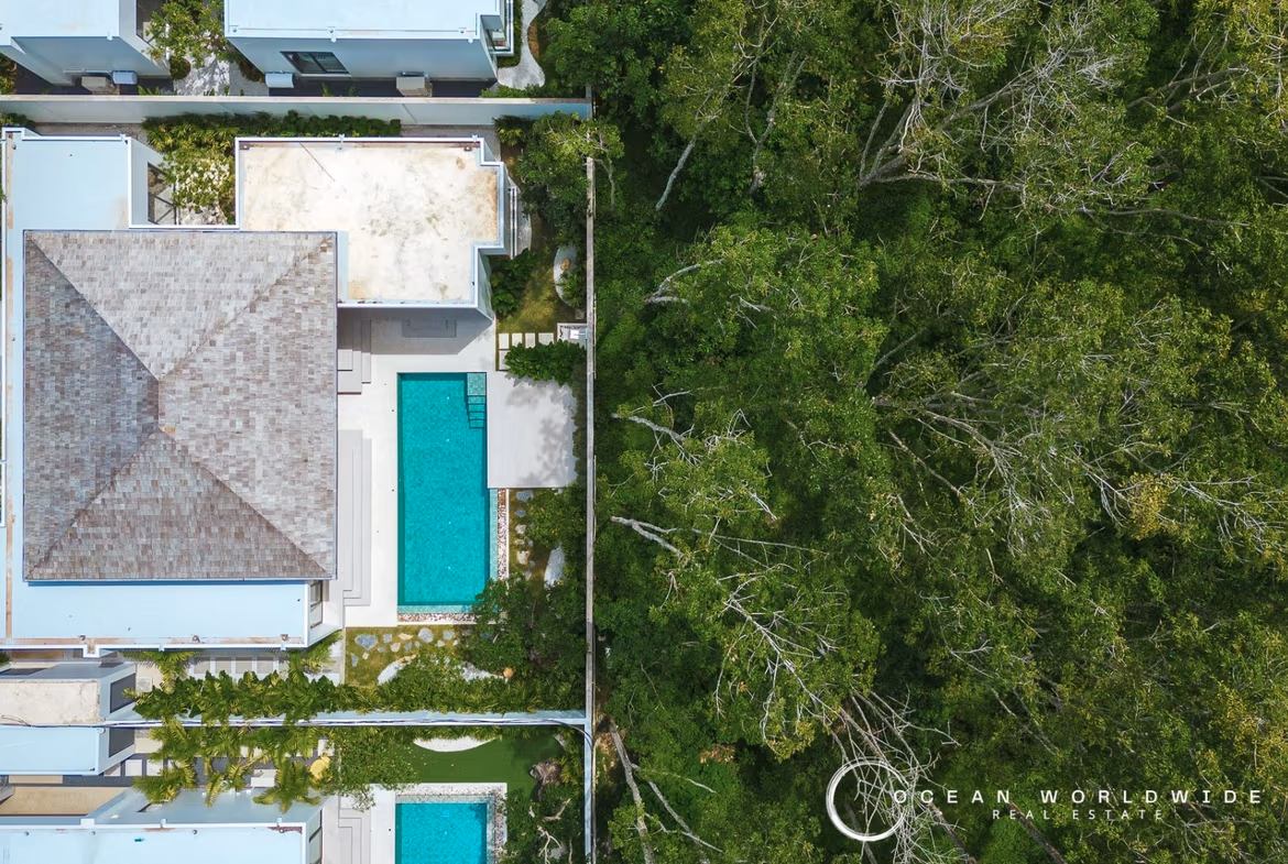 A spacious, open-concept living area with modern furnishings and large windows overlooking lush greenery.