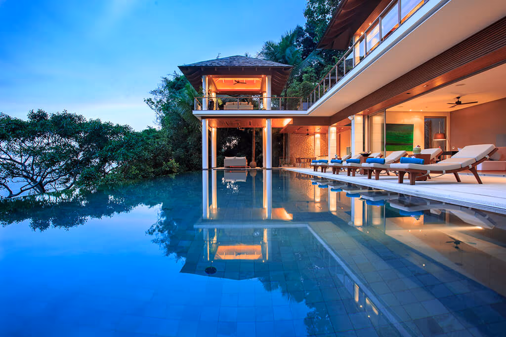 A panoramic view of the ocean from a private balcony.