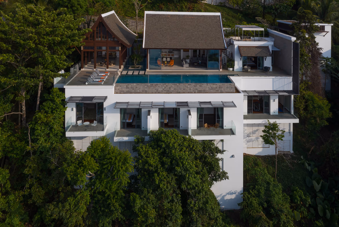 Elevated villa with Andaman Sea views. This three-story residence features a large infinity-edge pool overlooking the bay.