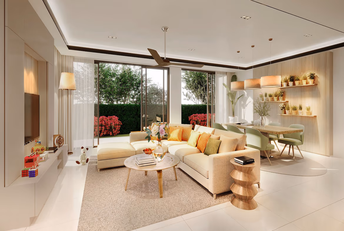 A modern outdoor swimming pool and lounge area with lush tropical landscaping.