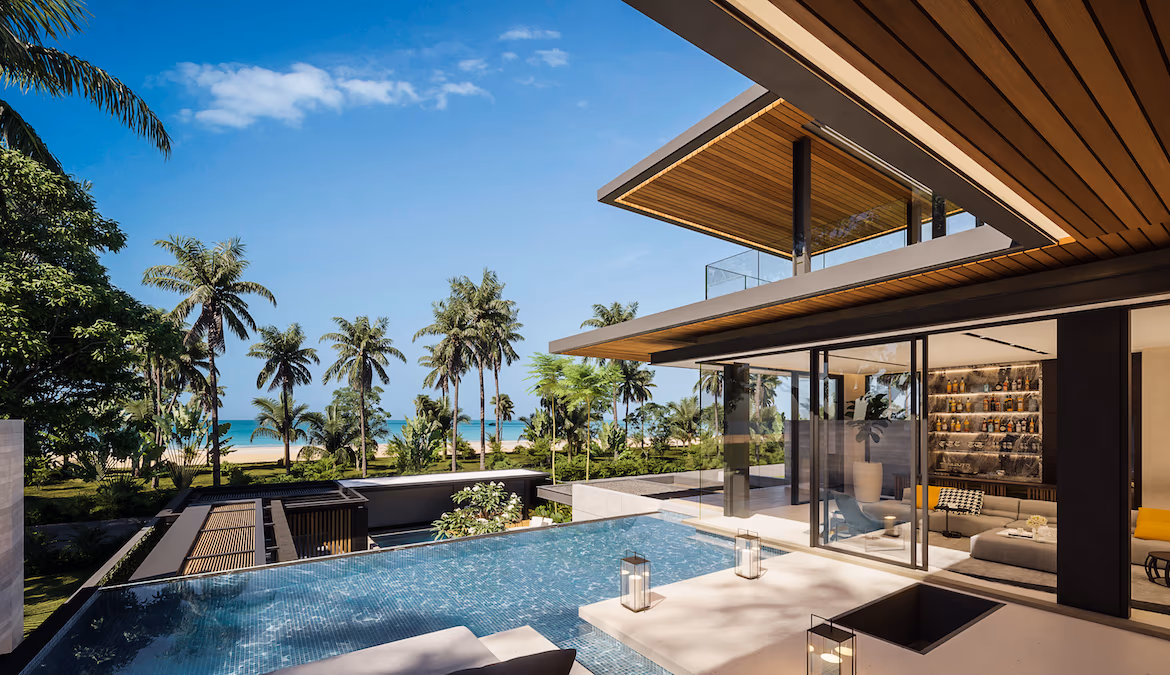 A modern bedroom with a large window and a view of the ocean.