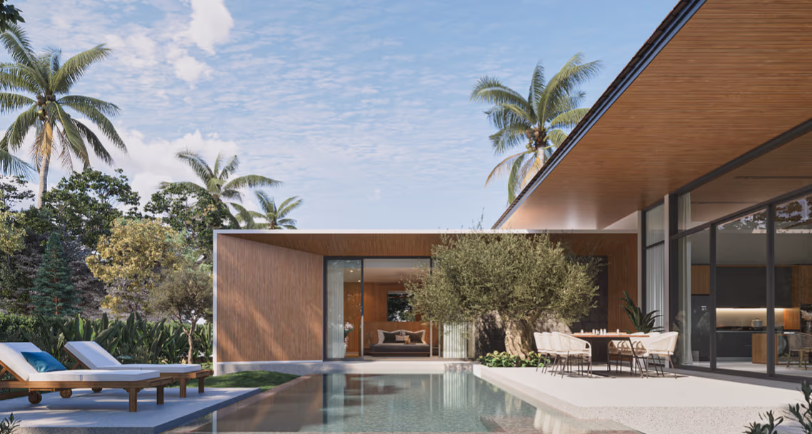 A modern dining area features a large table and chairs beneath a contemporary light fixture, with clear doors opening to an outdoor patio and pool.