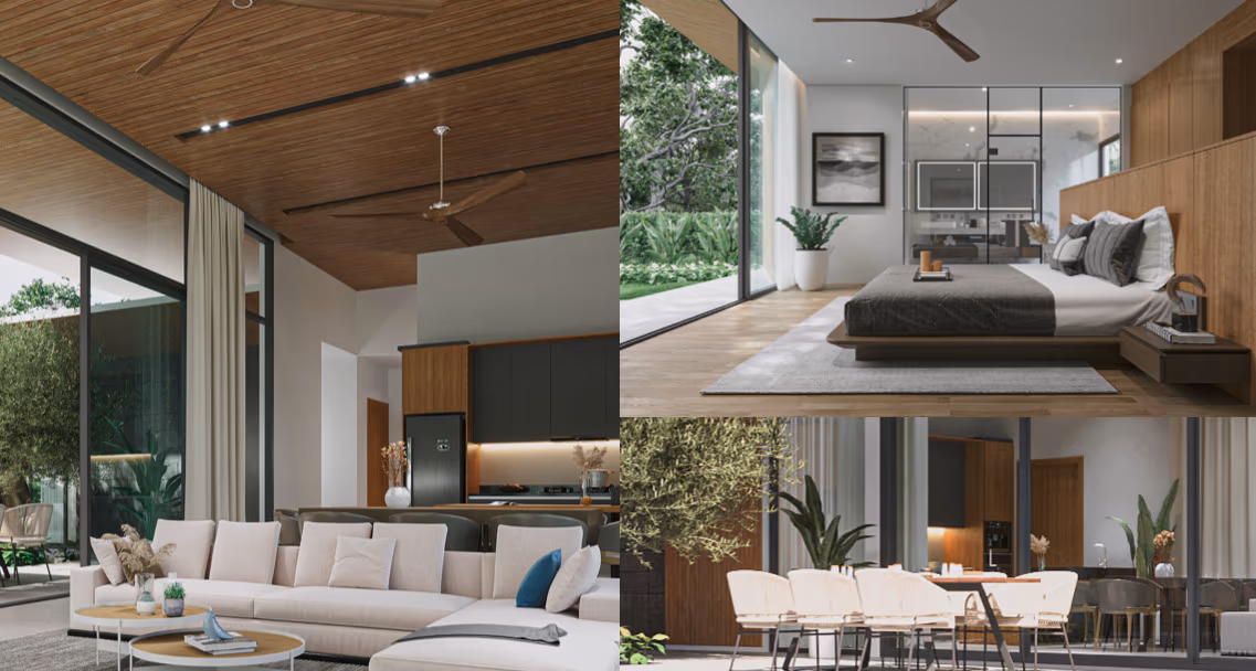 A modern open-plan living area with a sofa, coffee table, and an accent rug.