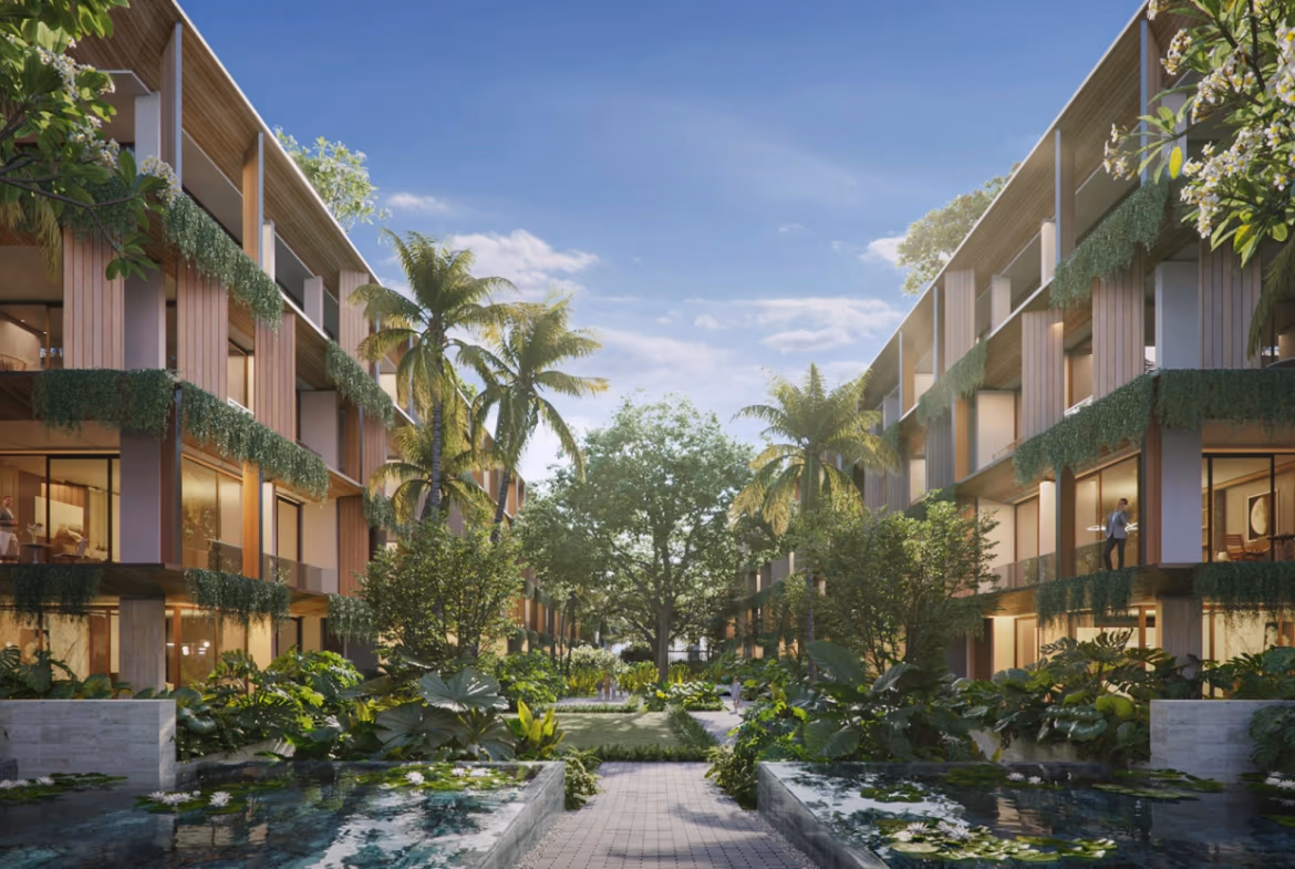 This photo likely shows a modern living room or a beachfront view from one of the residences.