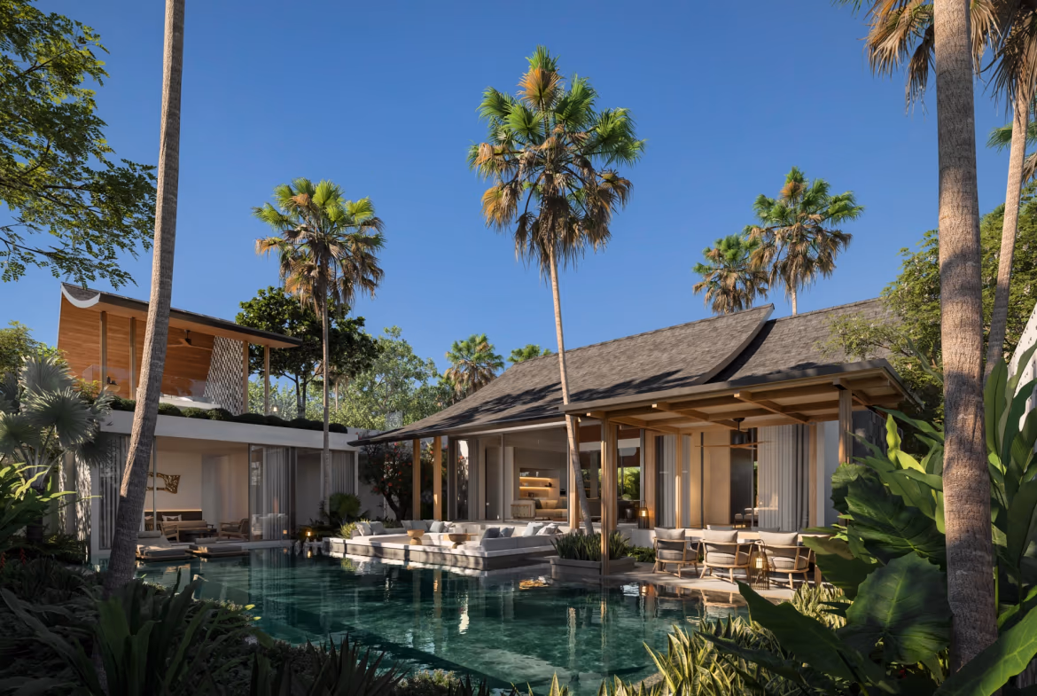 A luxury villa in Pasak with a private pool and outdoor living area, surrounded by tropical landscaping. The modern, multi-story home features large windows and a clean architectural design.