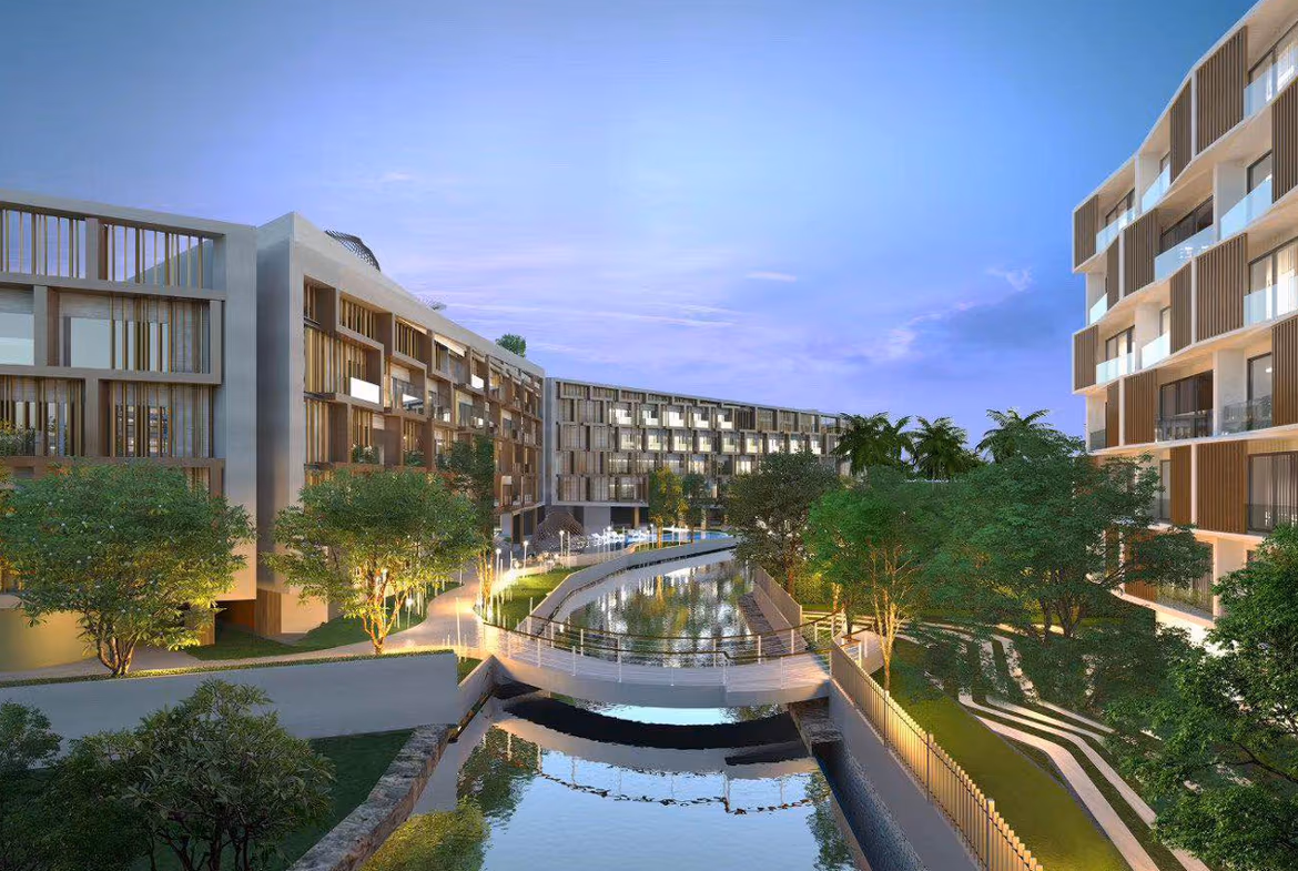 An exterior shot of a one-bedroom apartment unit in a gated condominium community in Layan.