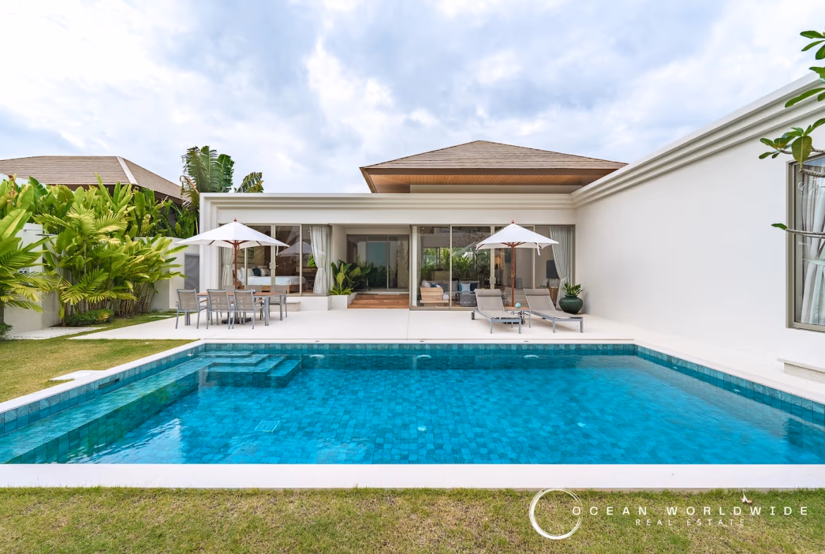 Brand new modern pool villa in Thalang. The single-story property features a private swimming pool in the foreground.