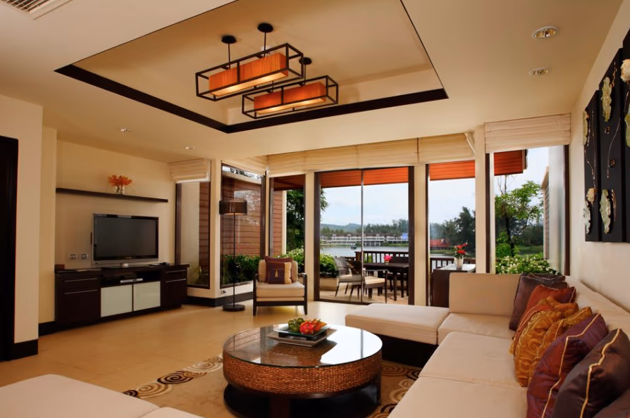 A lake view from a private pool, or a private pool area.