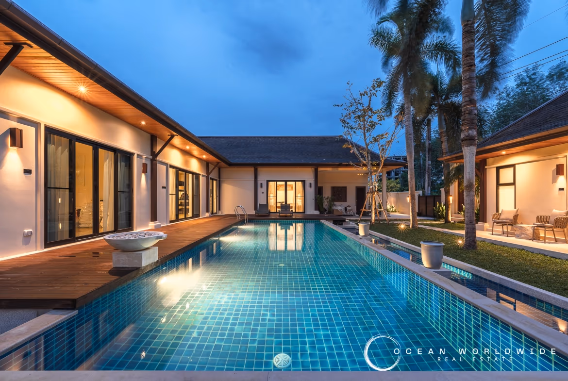 A 3-bedroom villa in Layan with a private pool. The exterior shot shows a modern home with a rectangular pool in the foreground.