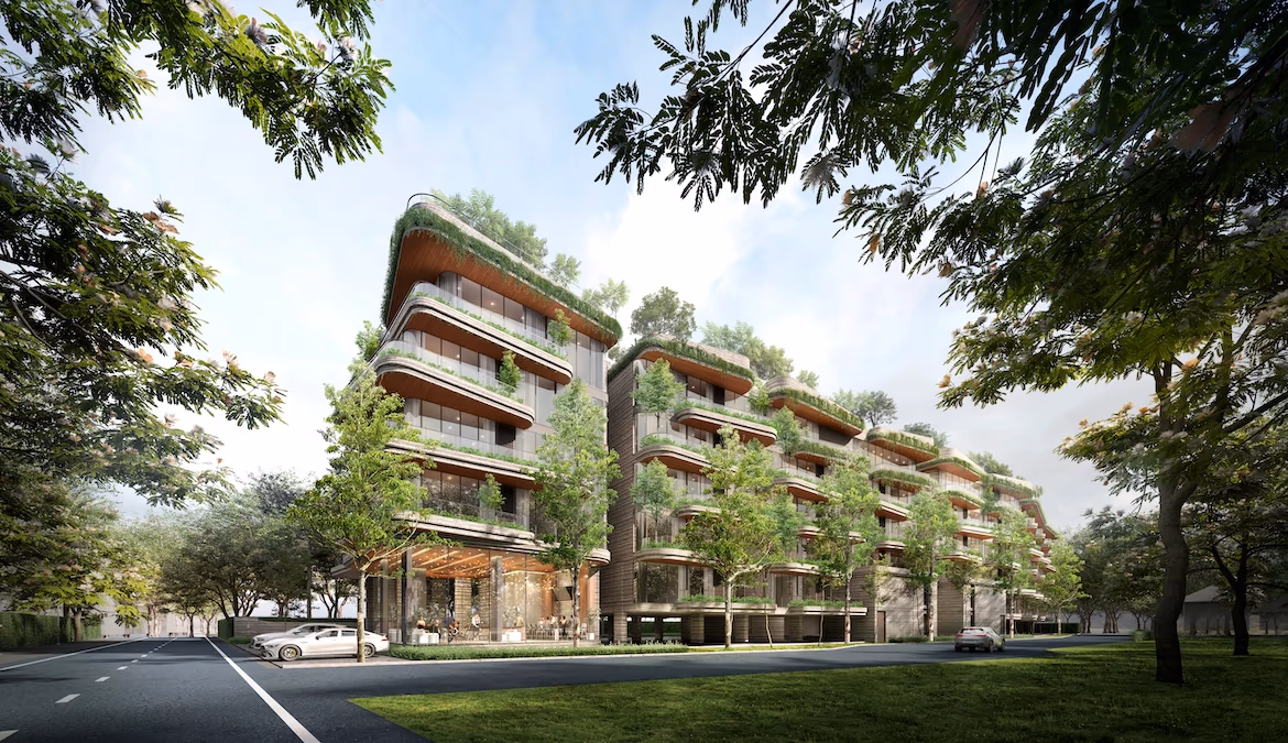 An open-concept living space with a sofa, TV, and dining area, leading to an outdoor balcony.