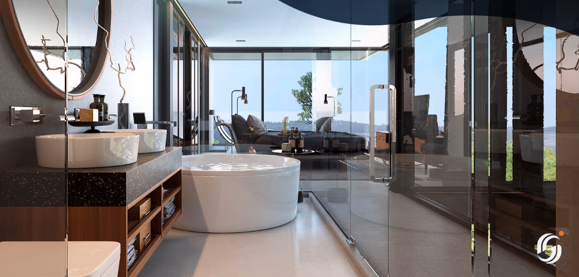 The photo shows a spacious living area with modern furnishings, opening onto an outdoor patio with a swimming pool and tropical landscaping.