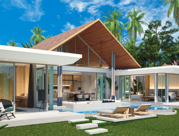 A three-bedroom villa in Pasak with a private swimming pool. The modern white building has a flat roof and large windows, with a lush green lawn leading to the pool.