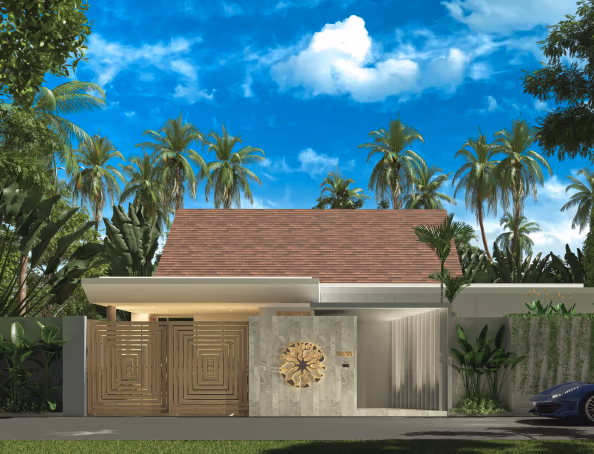 The living room features a large sofa and a television, with a view of the pool area through sliding glass doors.