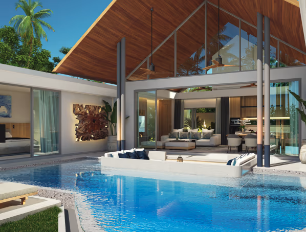 An aerial view showcasing a large, contemporary villa with a swimming pool surrounded by lush greenery.