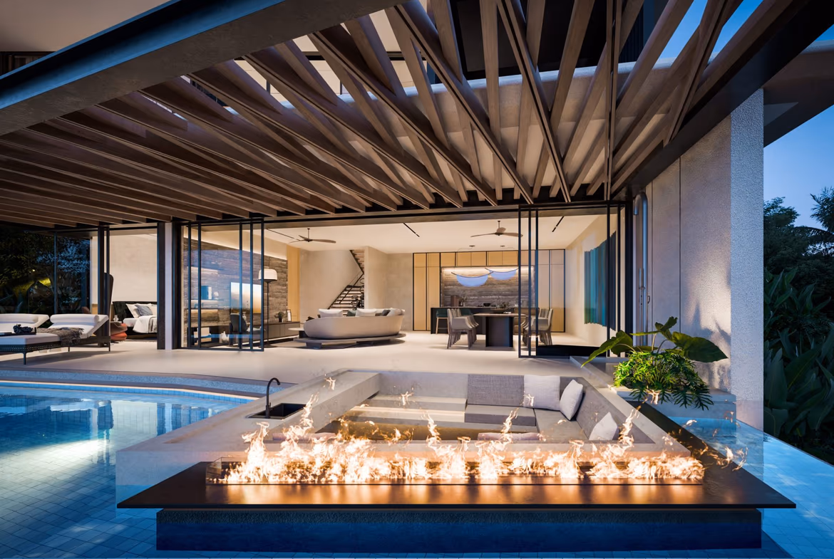 A clear, panoramic view of a modern villa's interior and the surrounding mountainous landscape beyond large windows.