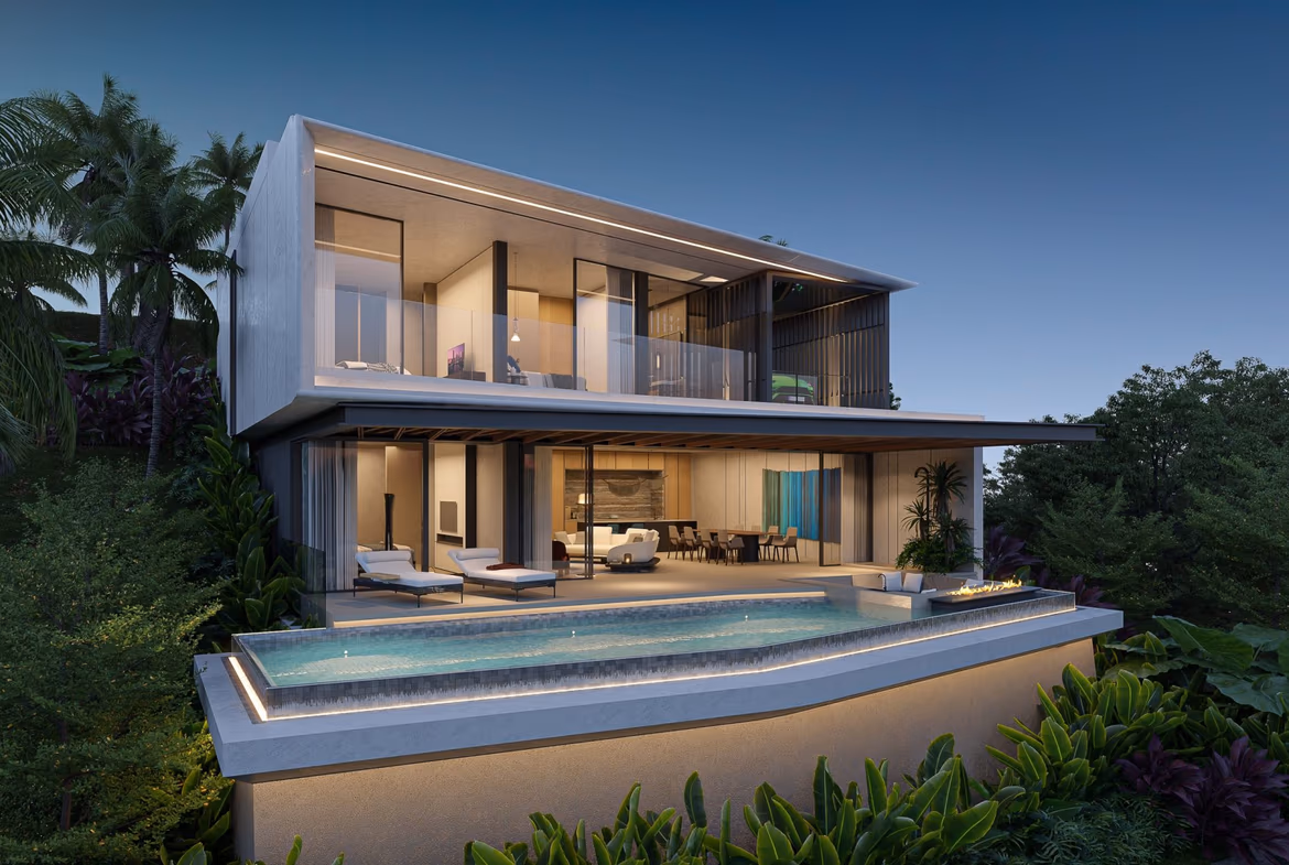A contemporary villa interior with an open-plan living area and a mountain view.