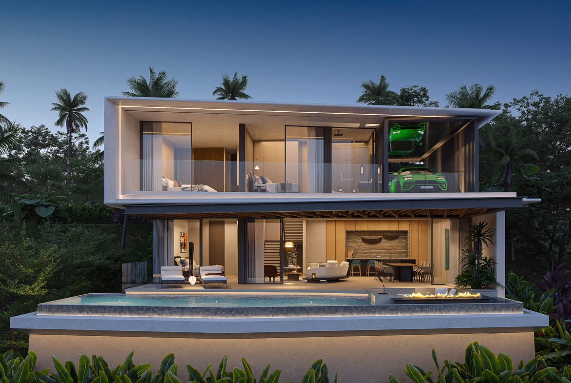 Modern three-bedroom villa in Layan with a private pool. The villa's contemporary exterior overlooks mountains.