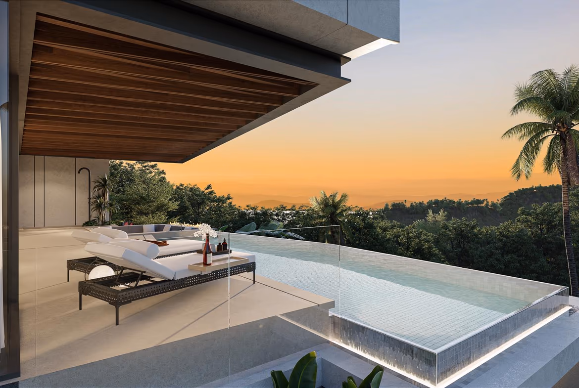 A comfortable bedroom with a large window overlooks a serene mountain landscape.