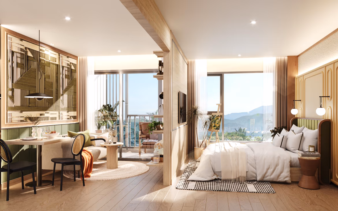 A modern, open-plan kitchen and living area with a balcony overlooks a cityscape.