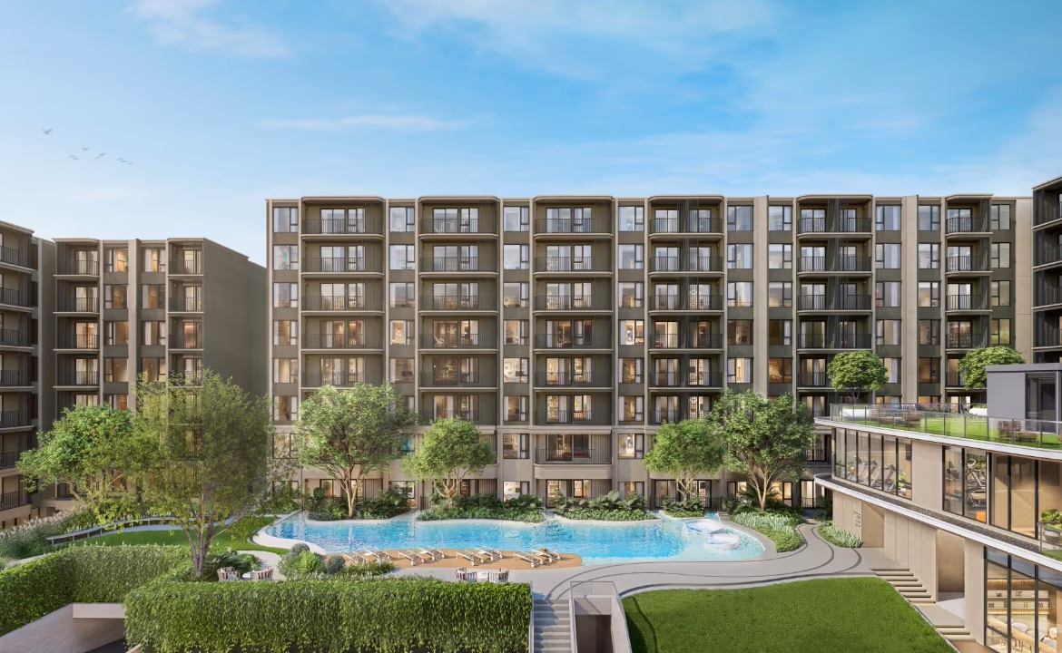 Exterior of a 2-bedroom condominium in Koh Kaew. The modern building is near an international school.