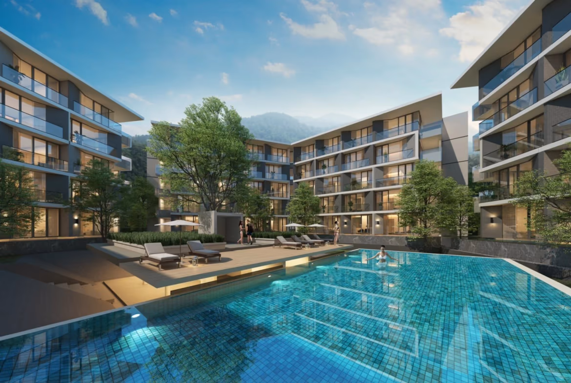 Exterior view of a 2-bedroom condominium property in a gated community in Patong.