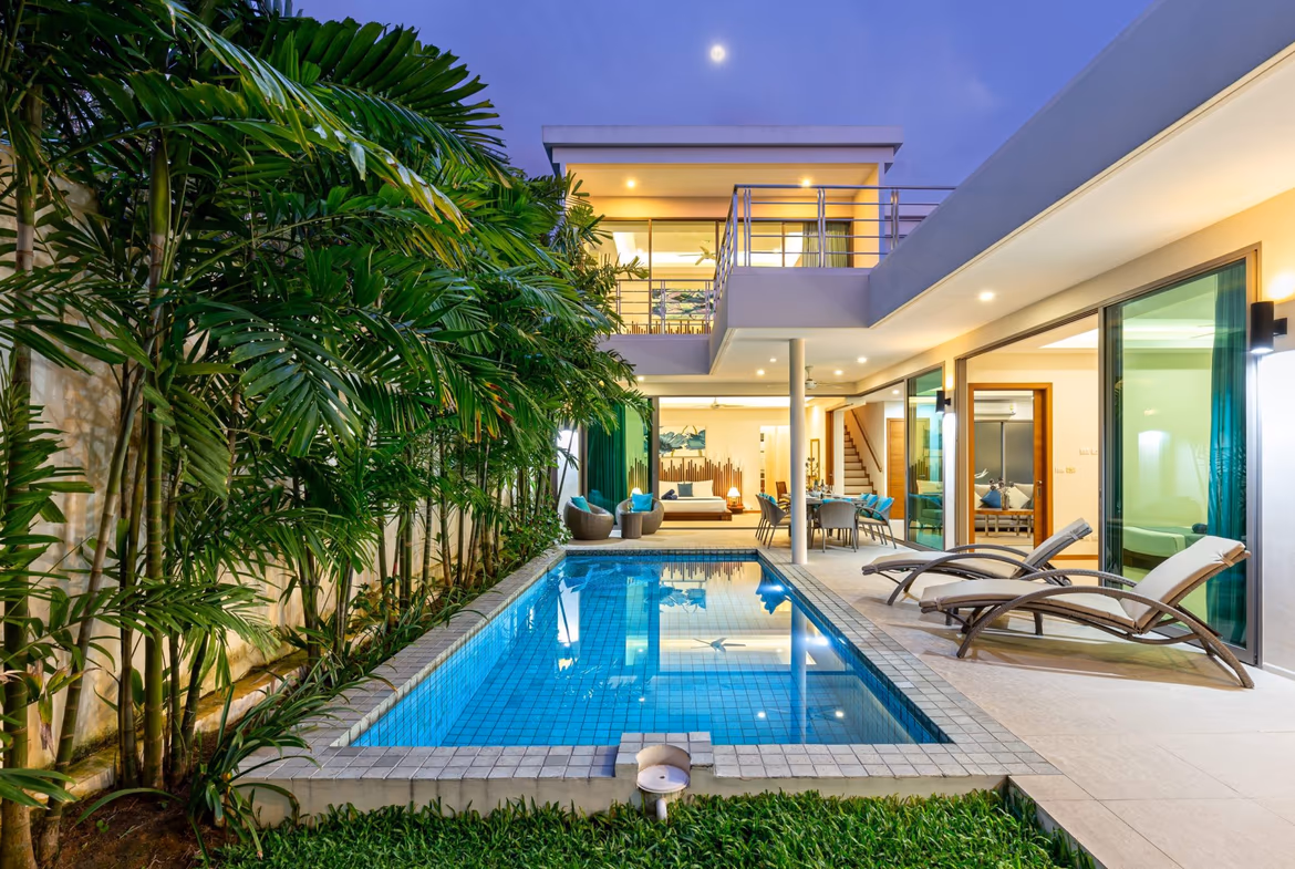 Modern 4-bedroom villa in Rawai with a private pool, seen from the exterior.