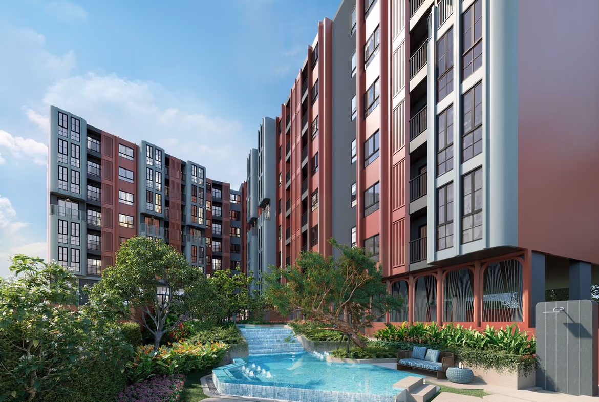 Exterior view of a 1-bedroom apartment in Phuket Town, featuring a private pool.