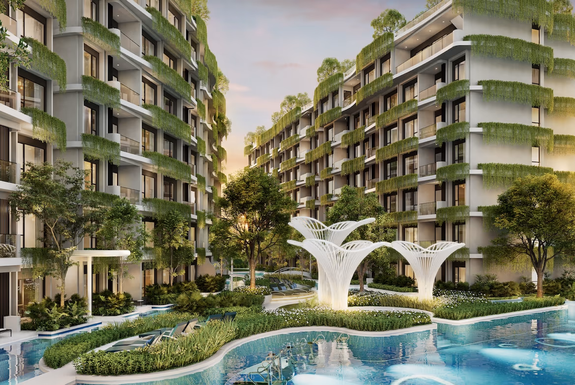 A 1-bedroom condominium in Cherngtalay, within a modern gated community, is shown from an exterior perspective.