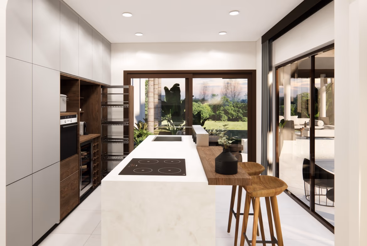 A spacious living room with large windows offers a panoramic view of the lake and surrounding landscape.