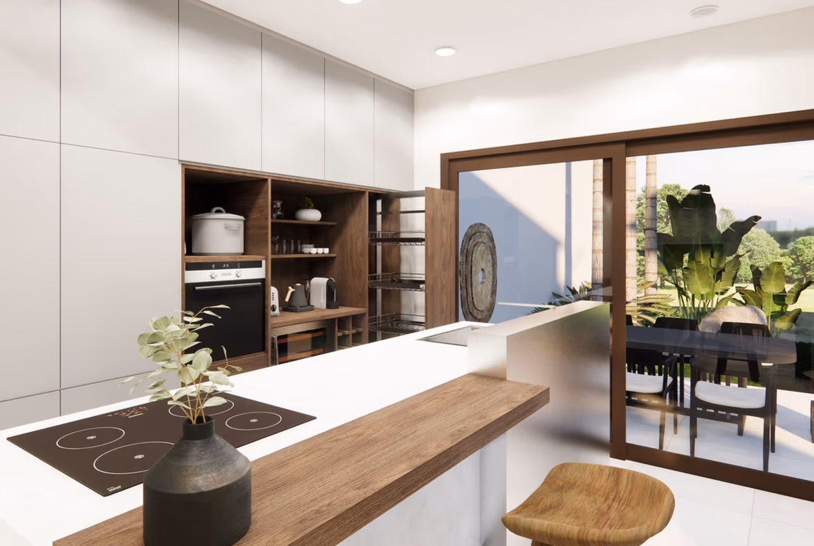 A spacious living room with large windows overlooking a lake and lush greenery.