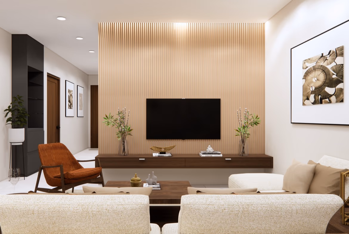 A spacious living area with modern decor and a panoramic view of the lake.