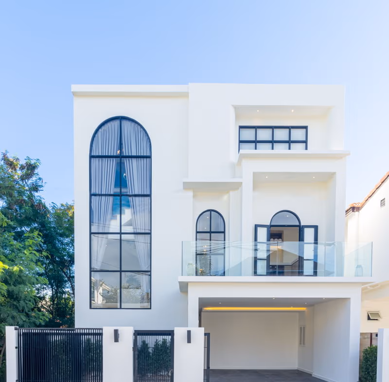 Exterior of a three-bedroom contemporary villa in Phuket, featuring a private pool.
