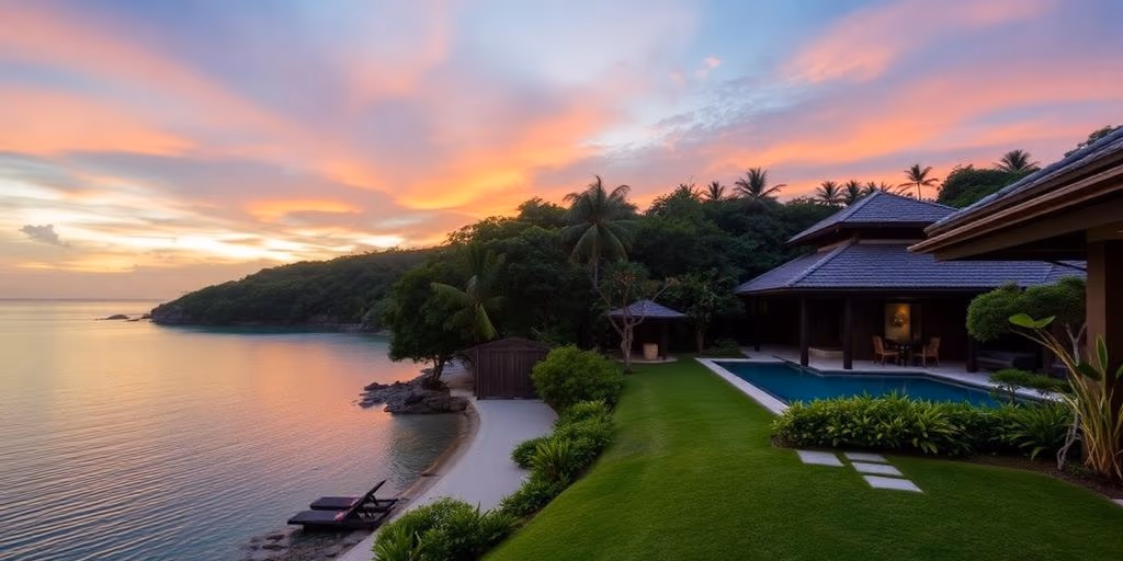 Beach villa in Phuket with sunset and tropical surroundings.
