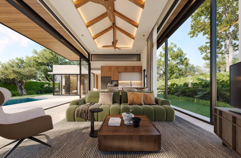 This 3-bedroom villa in Phuket features a private pool and mid-century modern design.
