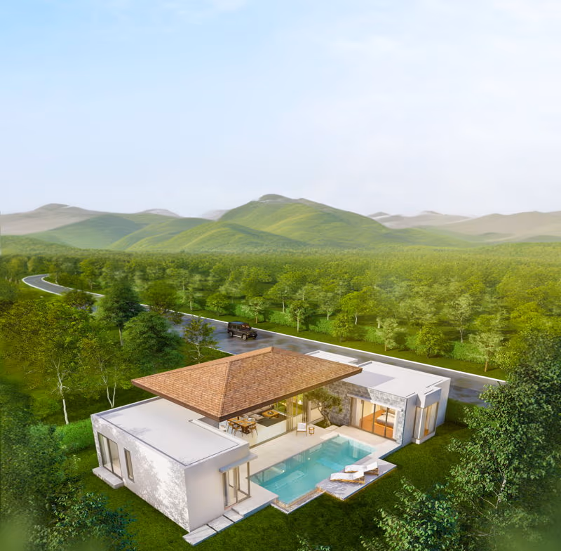 A spacious living room with modern furnishings and a large window overlooking a lush landscape.