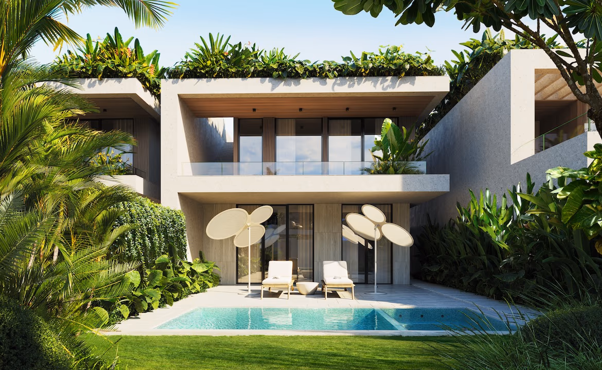 Exterior of a two-bedroom villa in Chalong, featuring a private swimming pool in front of the house.