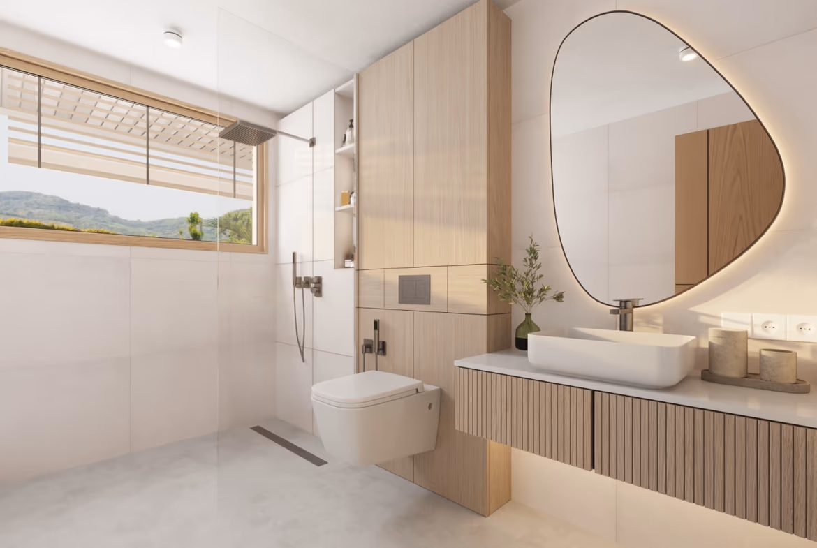 A modern spacious living room with large glass doors opening to a private swimming pool.