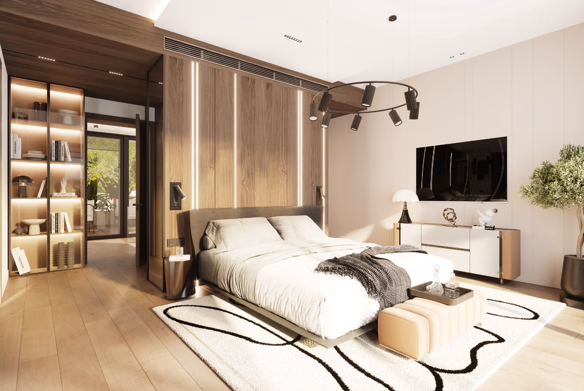 A spacious living room with large windows facing the ocean.