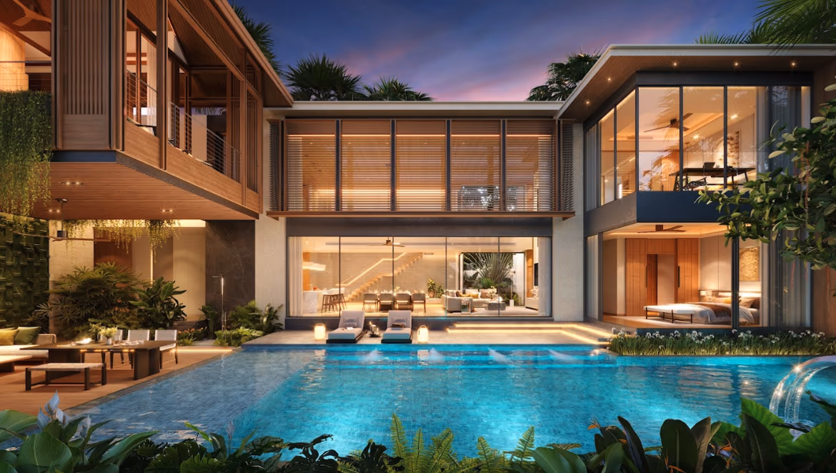 New tropical villa with pool at dusk in Pasak