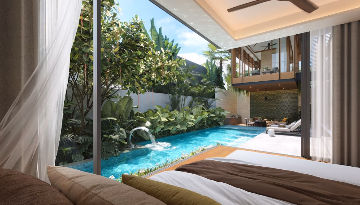 A modern white bedroom with a king-sized bed and sliding glass doors that open to a private swimming pool.
