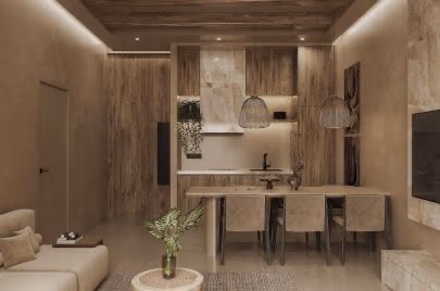 An open living area with a dark sofa and coffee table faces a large private pool and a distant hillside.