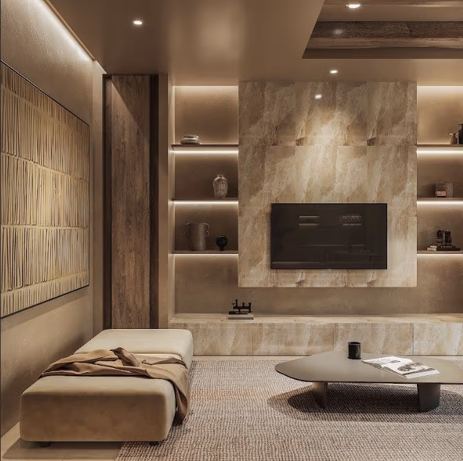 A contemporary living room with a neutral color palette, featuring a sofa and a television.