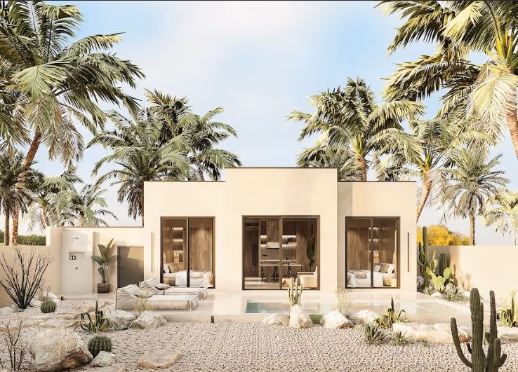 A modern two-bedroom villa in Phuket features a private pool. The villa has a clean, contemporary architectural style.