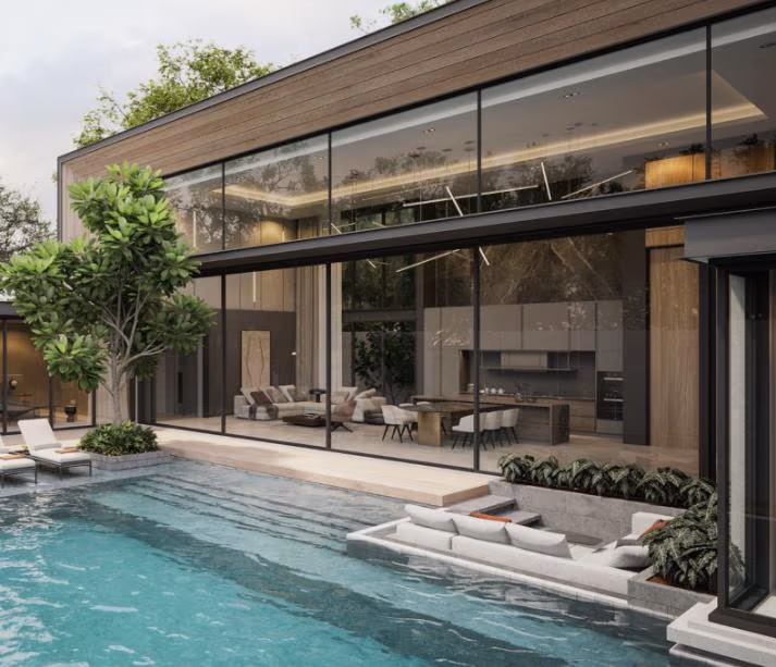 A minimalist bedroom with a large window overlooks a private pool area.