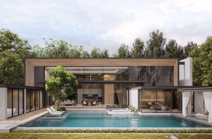 A spacious living area with floor-to-ceiling windows opens to an outdoor pool and patio.