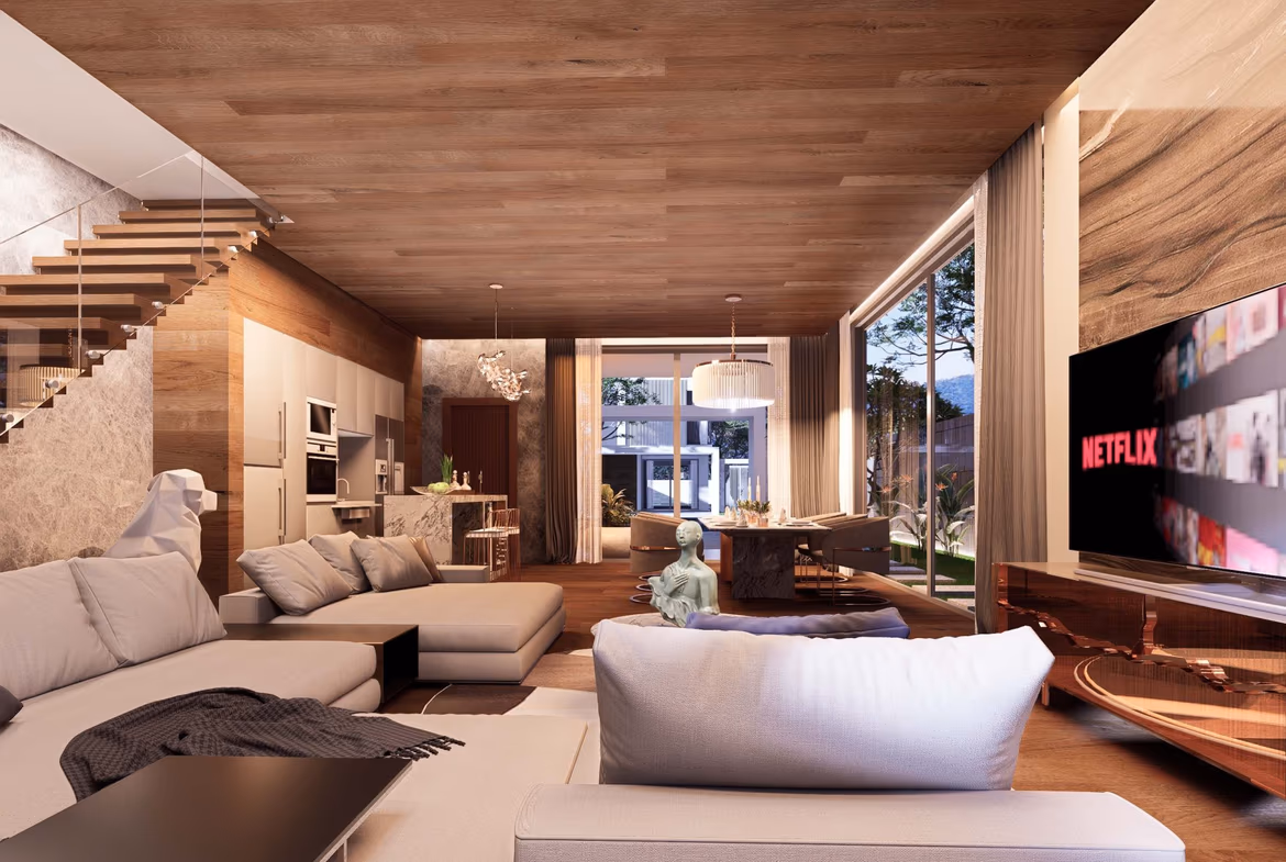 A modern bedroom with white walls and a large, dark framed window overlooks what appears to be a pool.